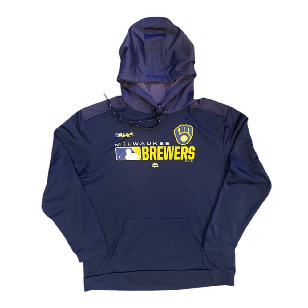 MLB Milwaukee Brewers Men's Authentic Collection Team Hoodie in Navy Blue, XL